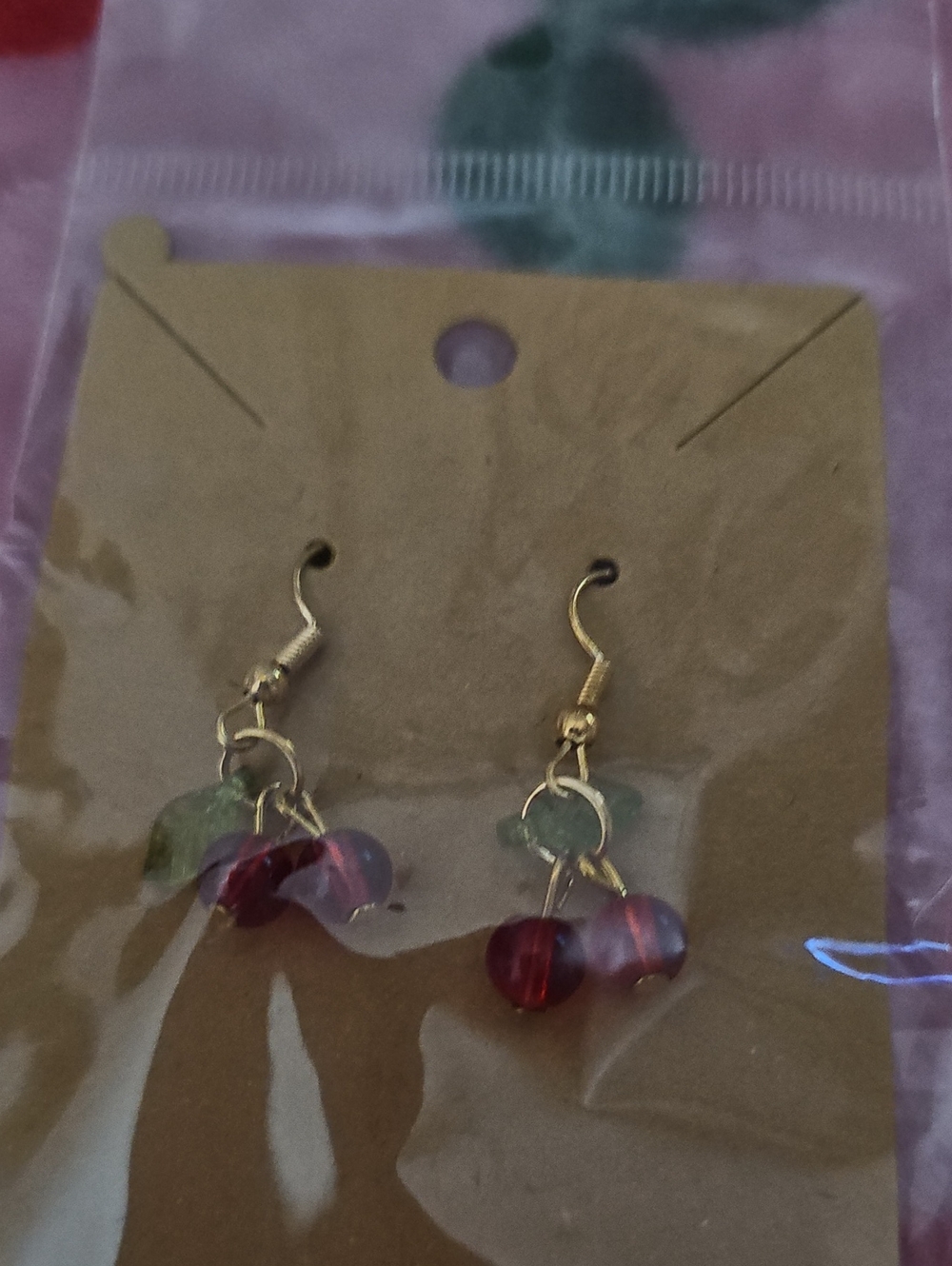 Gold-Tone Cherry Dangle Earrings with Pink and Red Beads